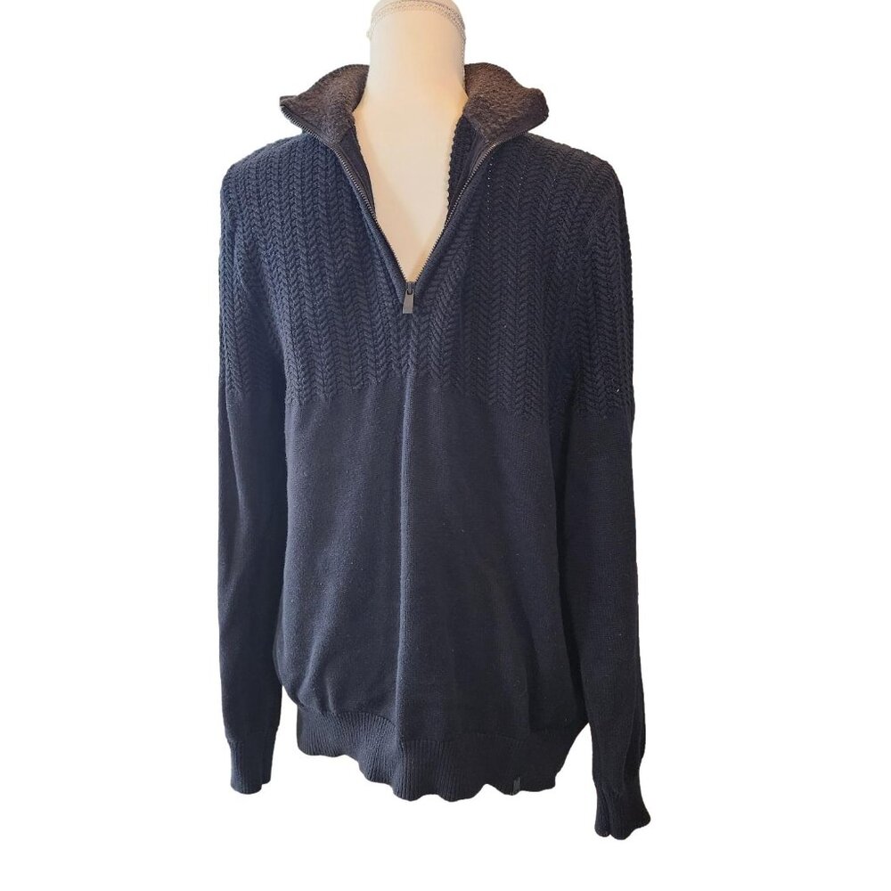 Calvin Klein Men's Black Sweater with Faux Fleece Collar/Zipper Neck - Size Med.